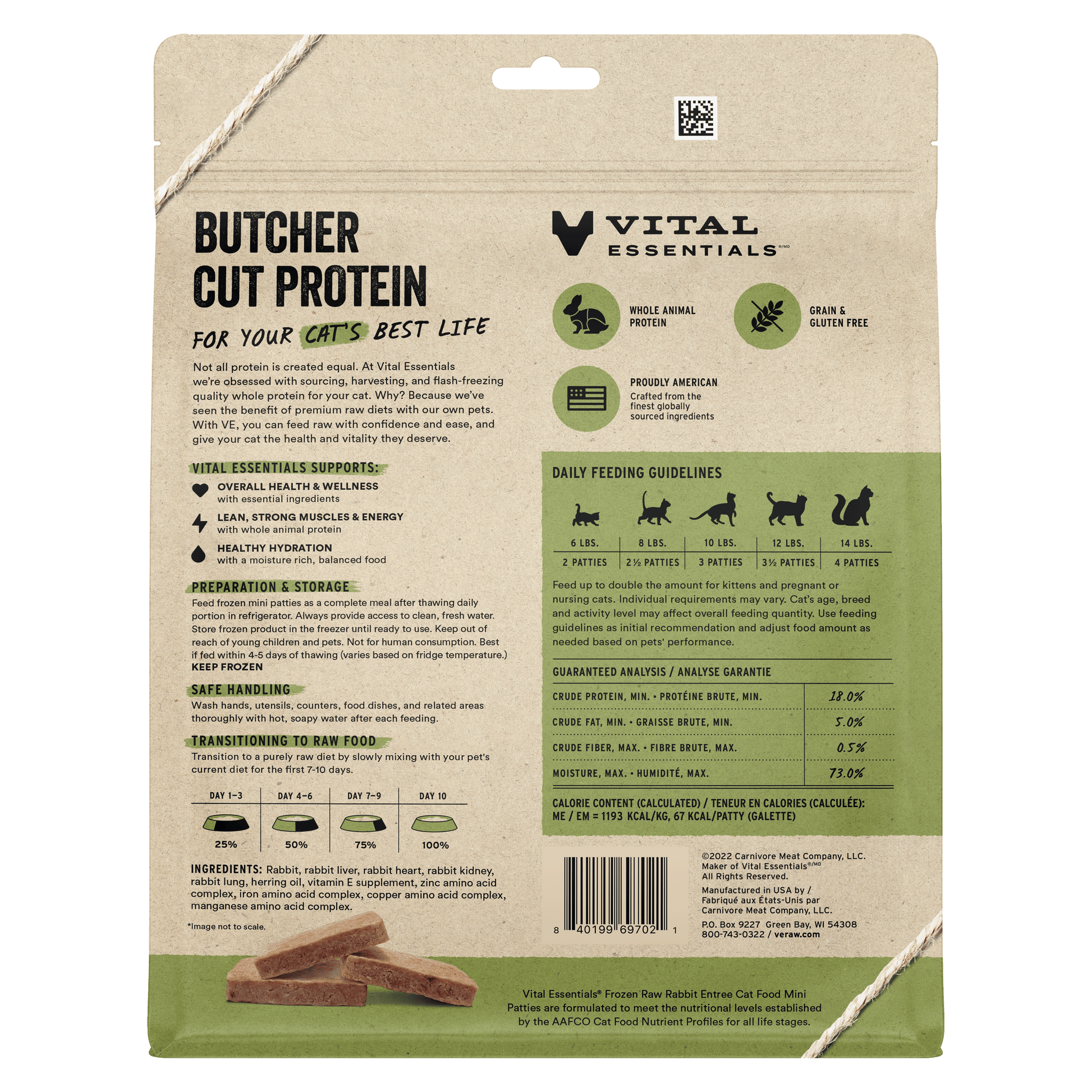 Vital Essentials Frozen Raw Rabbit Entree cat food mini patties back of package with feeding guidelines