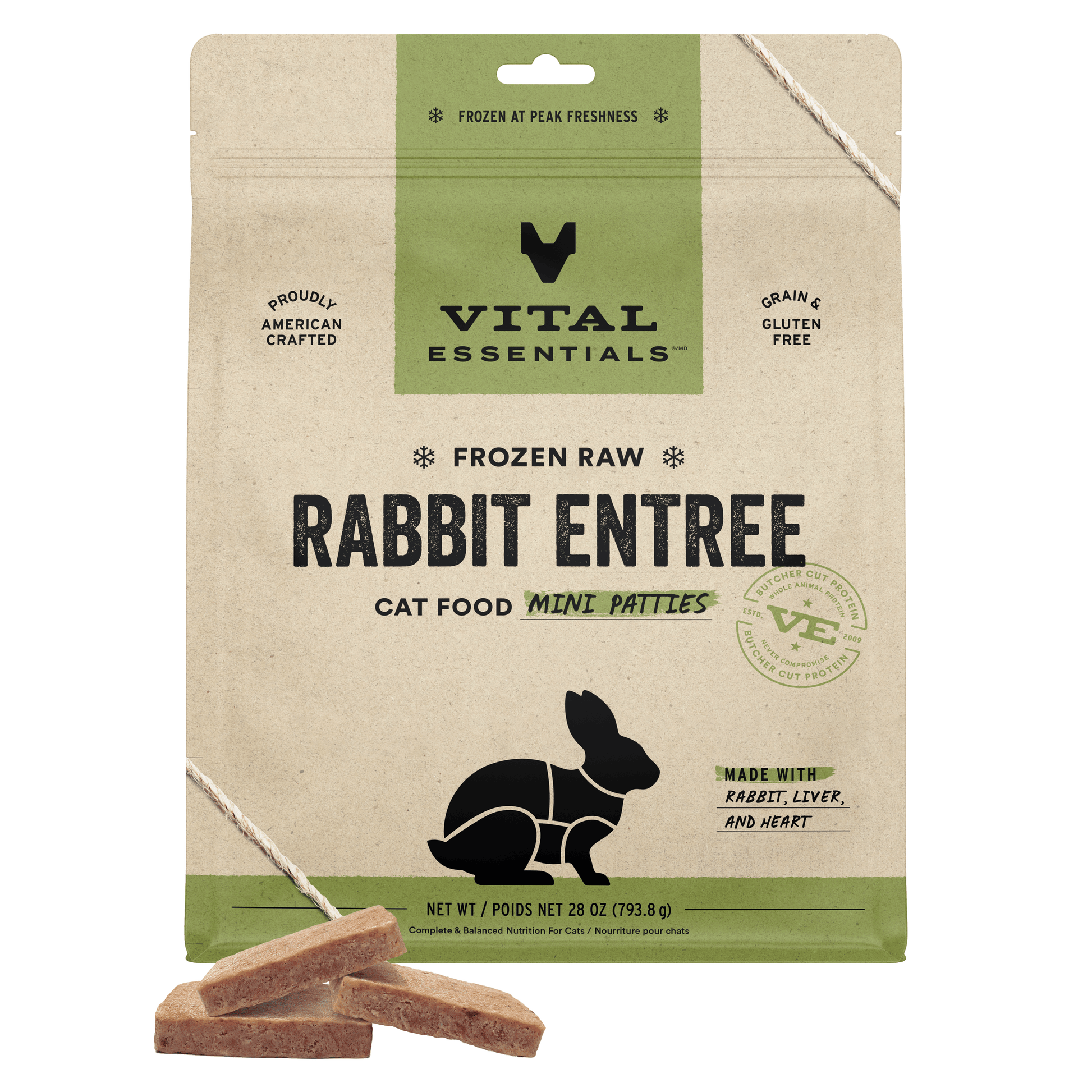 Vital Essentials Frozen Raw Rabbit Entree cat food mini patties front of package