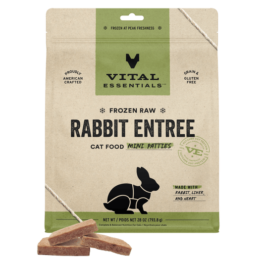 Vital Essentials Frozen Raw Rabbit Entree cat food mini patties front of package