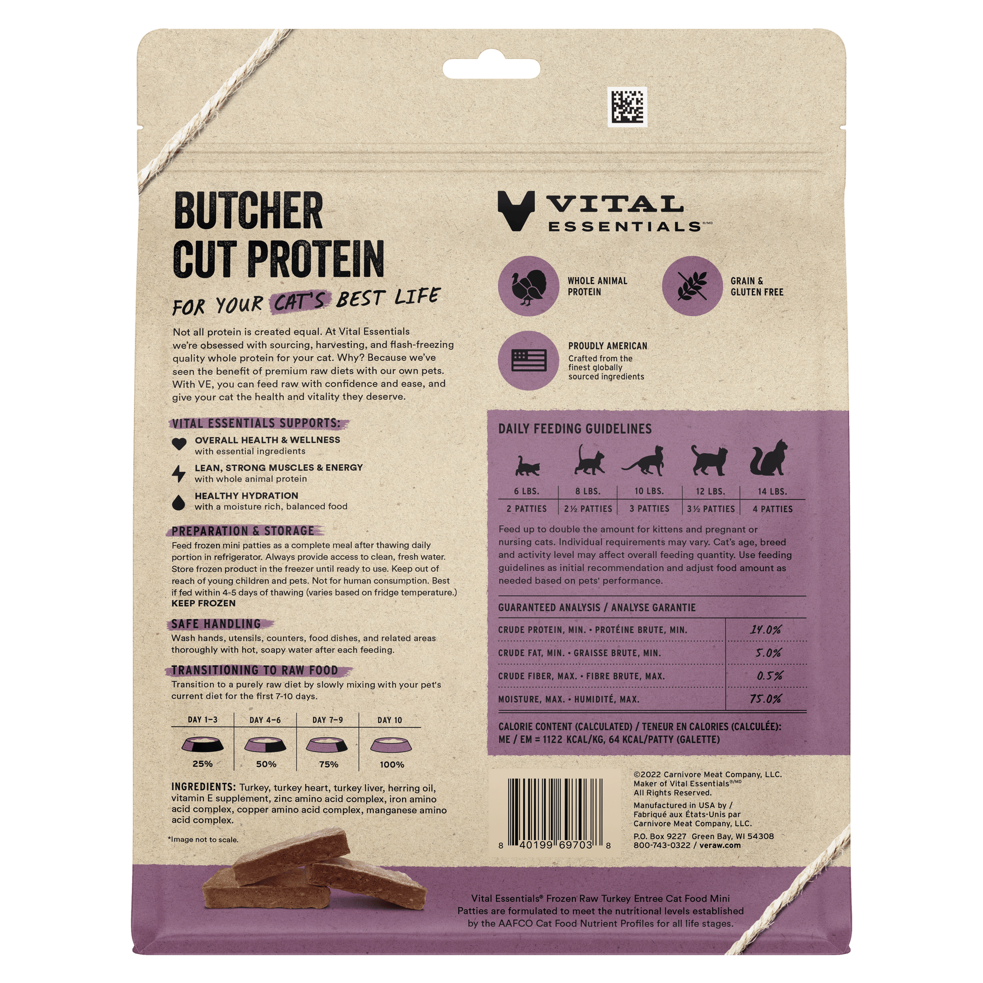 Vital Essentials Frozen Raw Turkey Entree cat food mini patties back of package with feeding guidelines