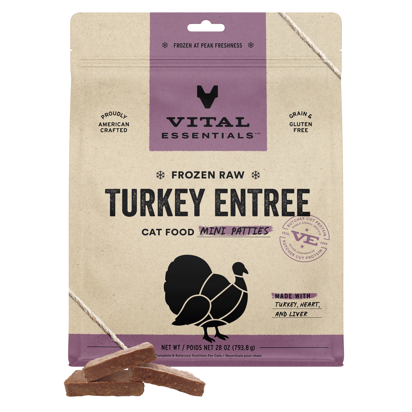 Vital Essentials Frozen Raw Turkey Entree cat food mini patties 28 oz bag front