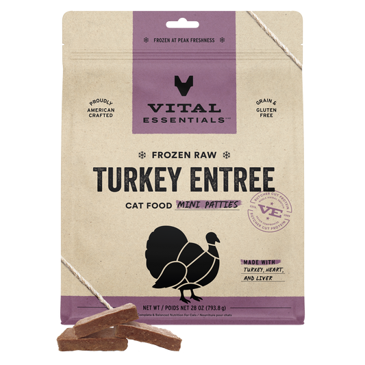 Vital Essentials Frozen Raw Turkey Entree cat food mini patties 28 oz bag front
