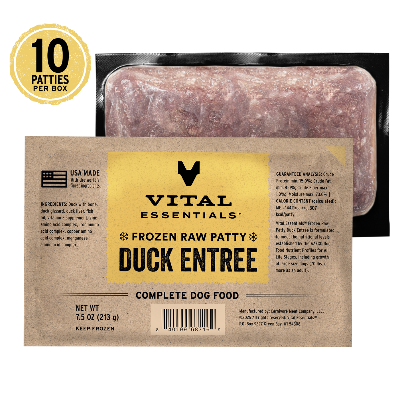 Vital Essentials Frozen Raw Duck Entree dog food patty 7.5 oz 10 patties per box
