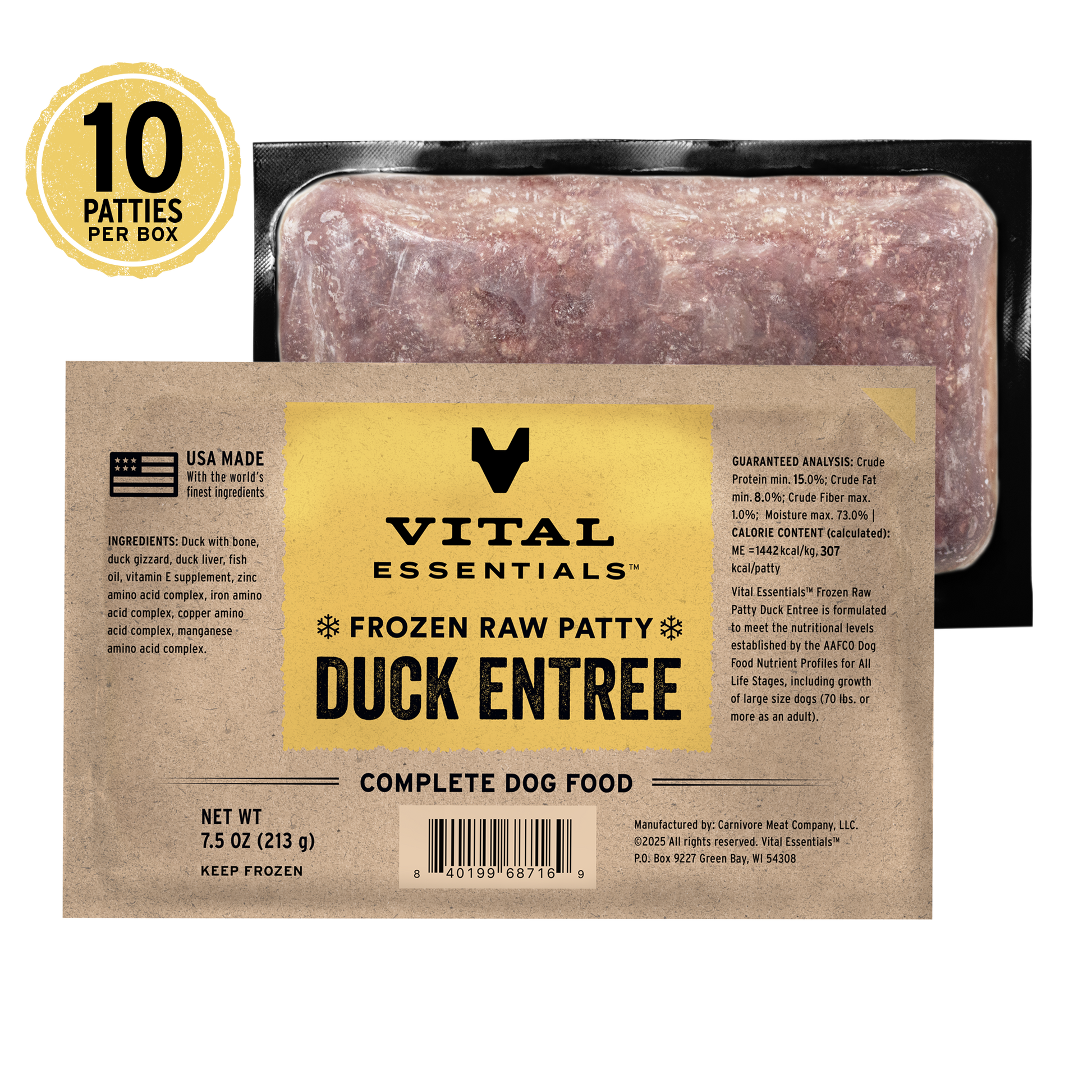 Vital Essentials Frozen Raw Duck Entree dog food patty 7.5 oz 10 patties per box