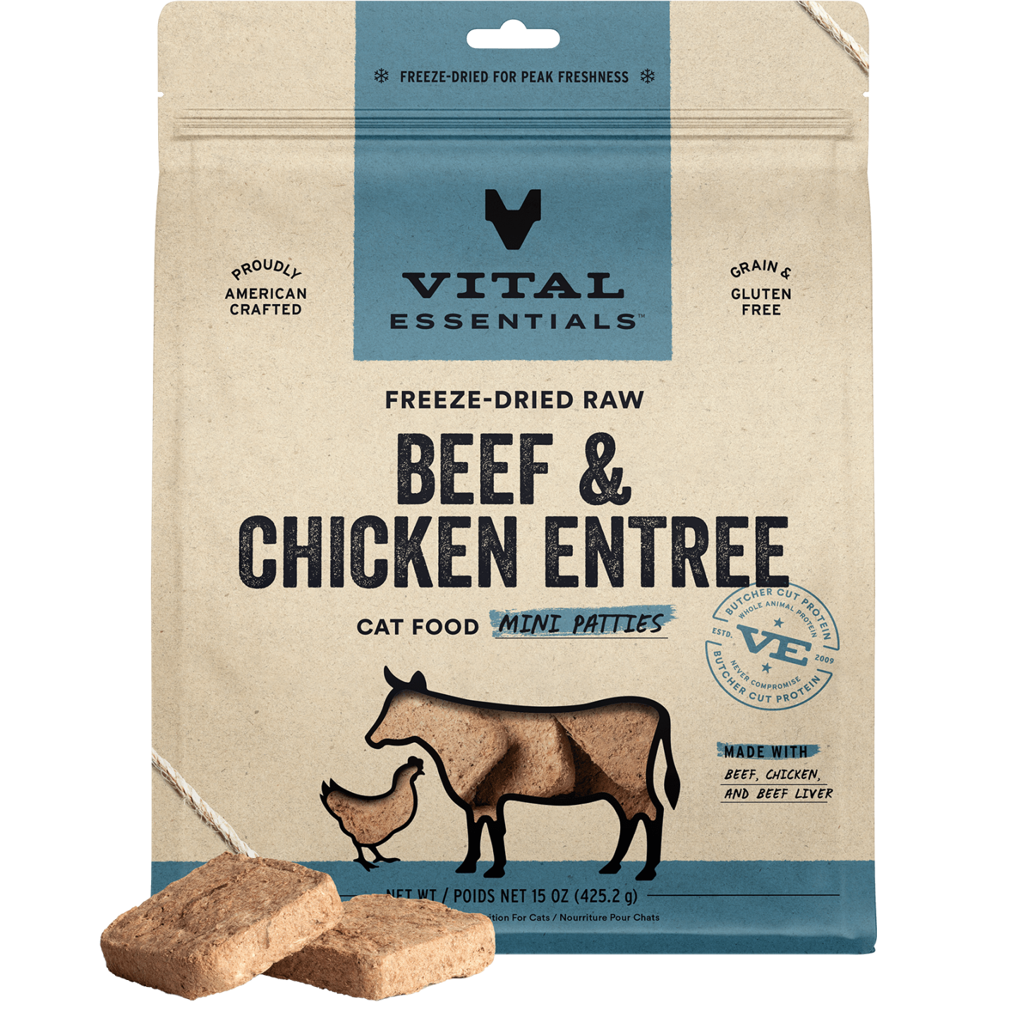 package front vital essentials®_freeze-dried raw_beef & chicken_entree_mini patties_cat food
