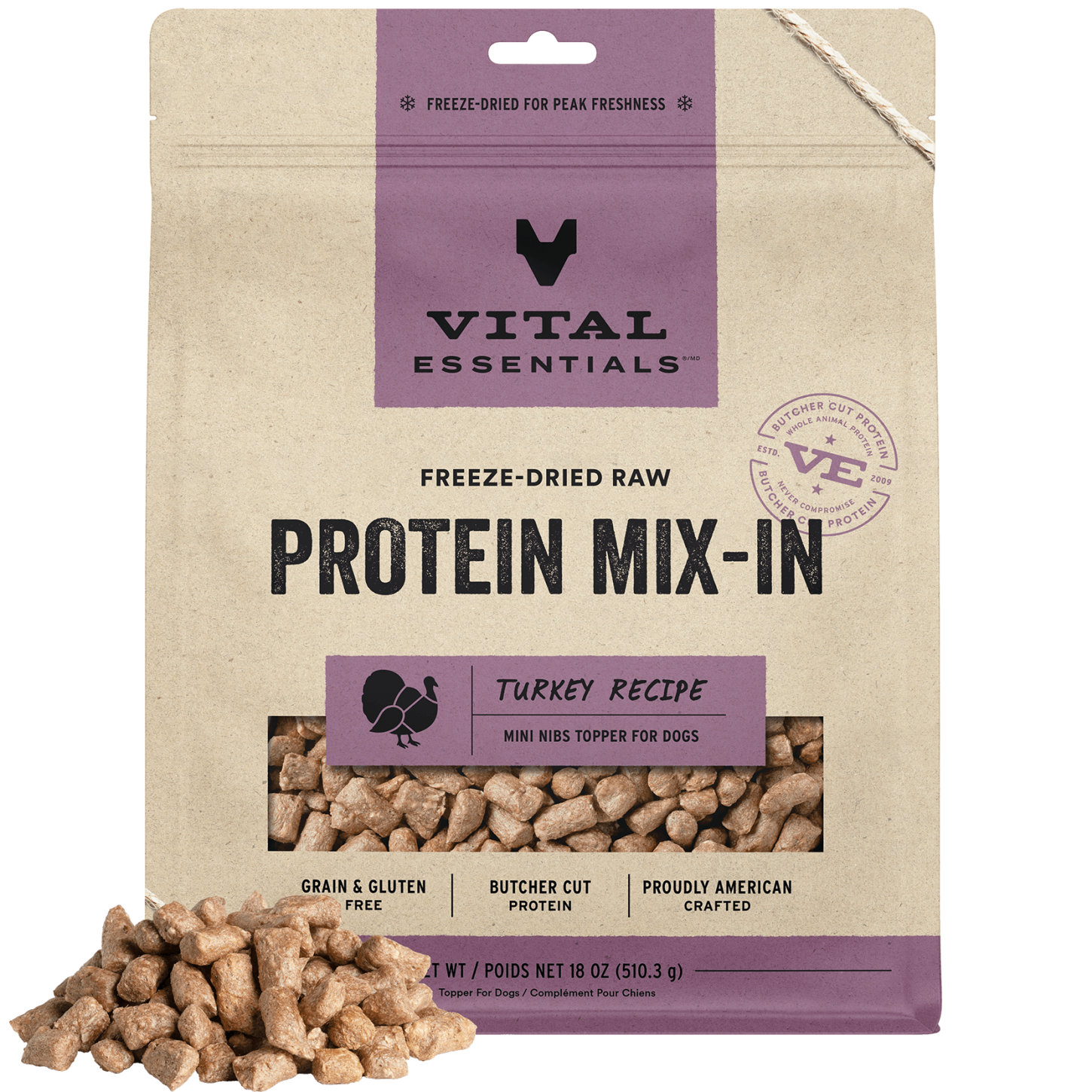 package front vital essentials®_freeze-dried raw protein mix-in_turkey_recipe_mini nibs_topper for dogs