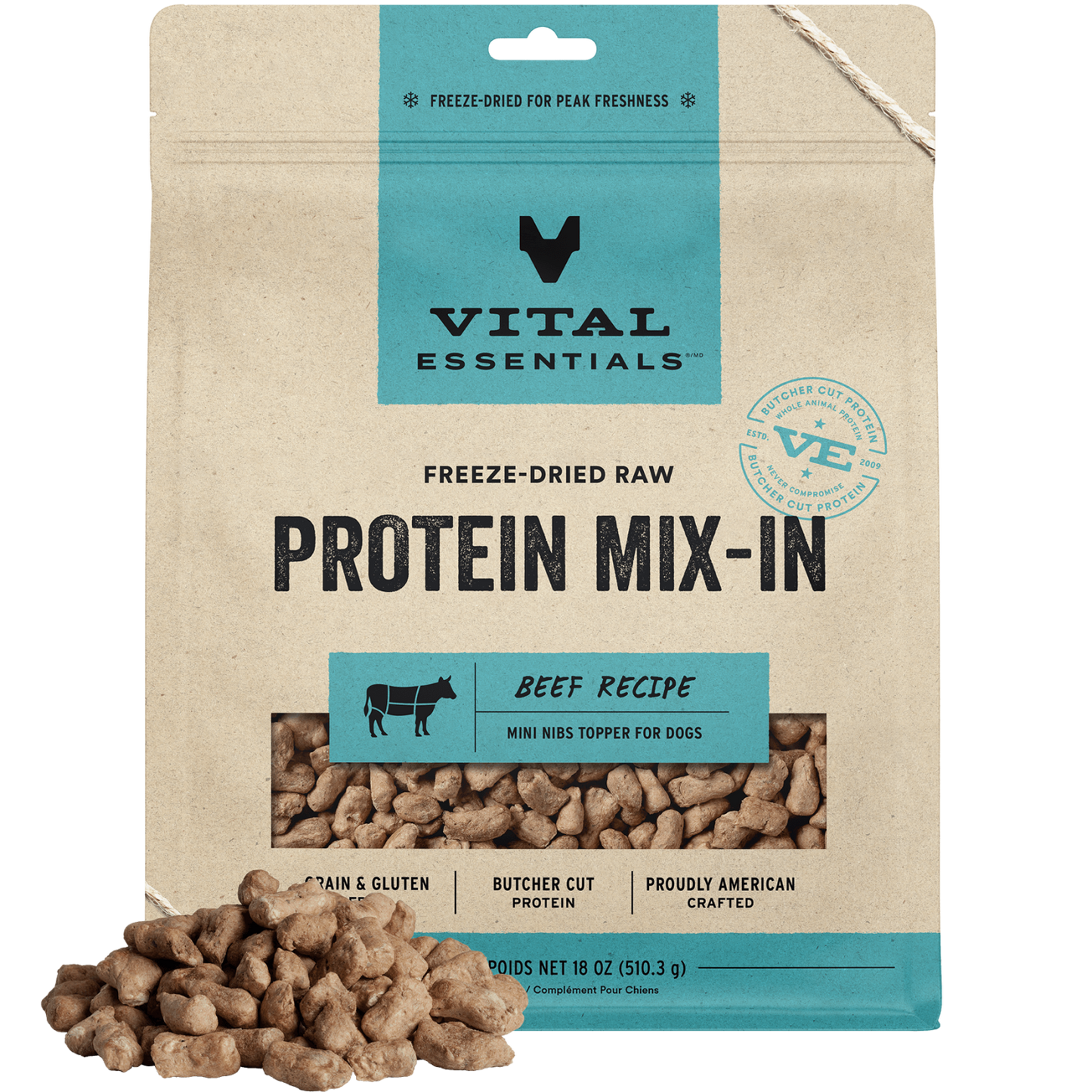 package front vital essentials®_freeze-dried raw protein mix-in_beef_recipe_mini nibs_topper for dogs