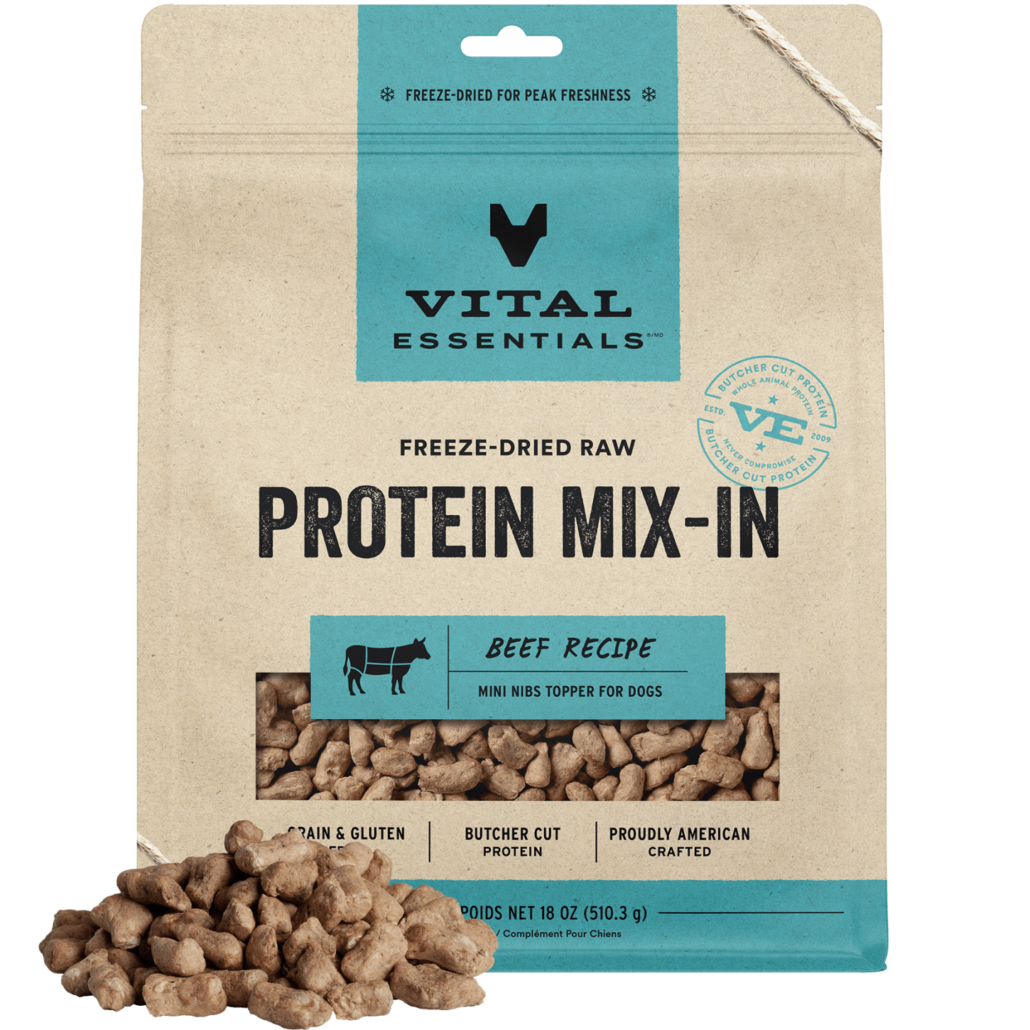 package front vital essentials®_freeze-dried raw protein mix-in_beef_recipe_mini nibs_topper for dogs