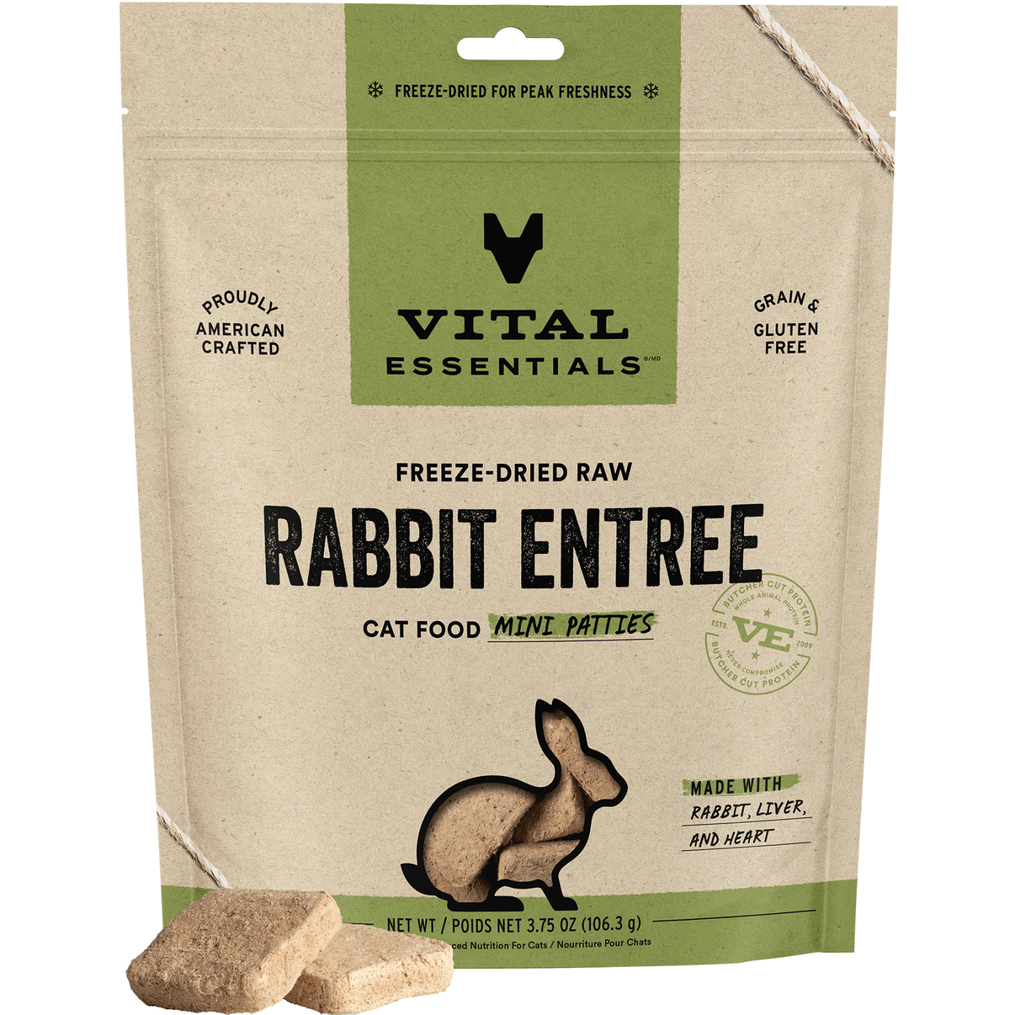 package front vital essentials®_freeze-dried raw_rabbit_entree_mini patties_cat food