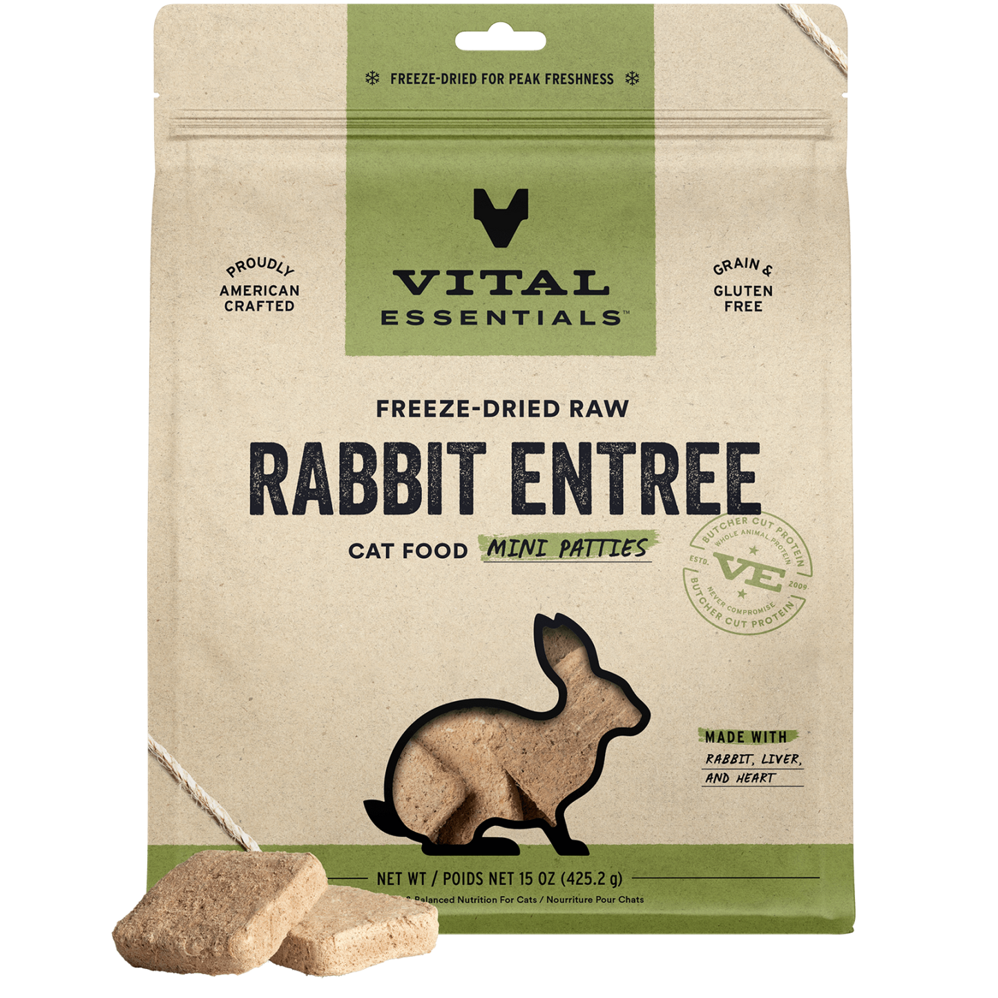 package front vital essentials®_freeze-dried raw_rabbit_entree_mini patties_cat food
