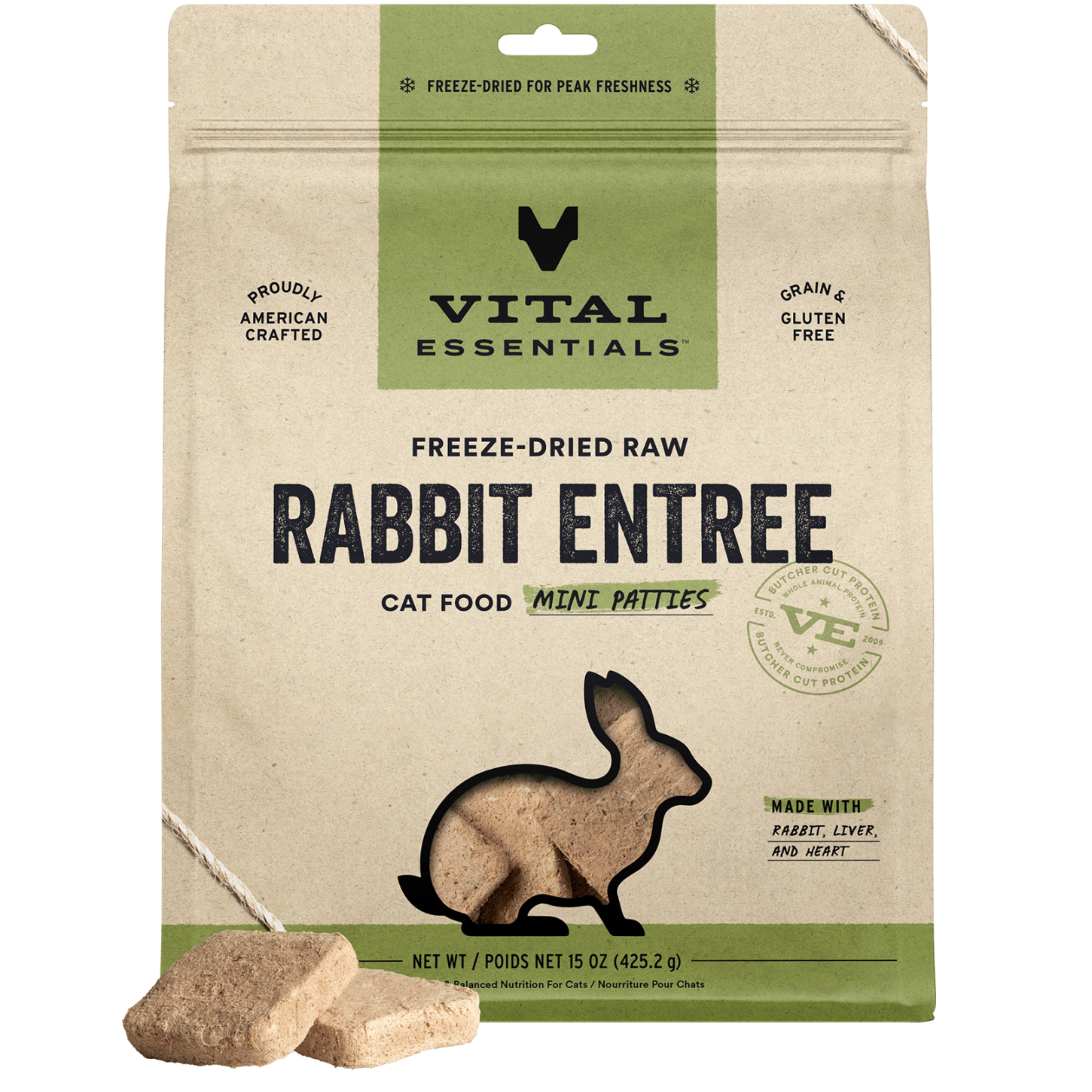 package front vital essentials®_freeze-dried raw_rabbit_entree_mini patties_cat food