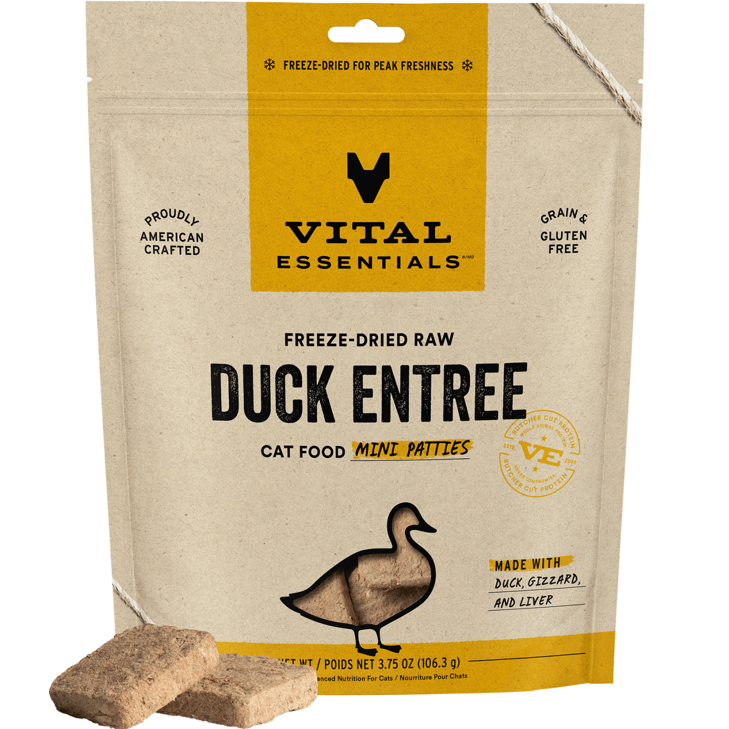 package front vital essentials®_freeze-dried raw_duck_entree_mini patties_cat food
