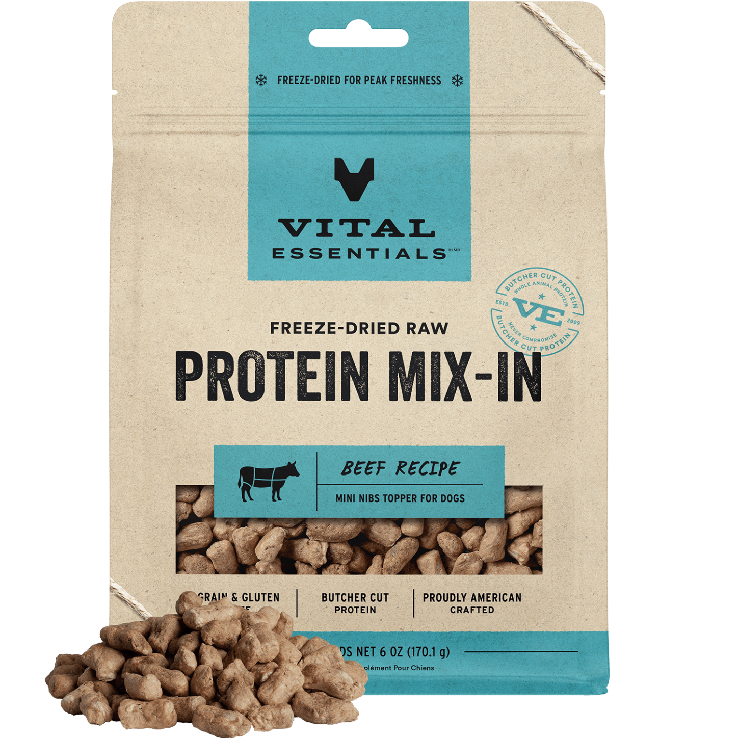 package front vital essentials®_freeze-dried raw protein mix-in_beef_recipe_mini nibs_topper for dogs