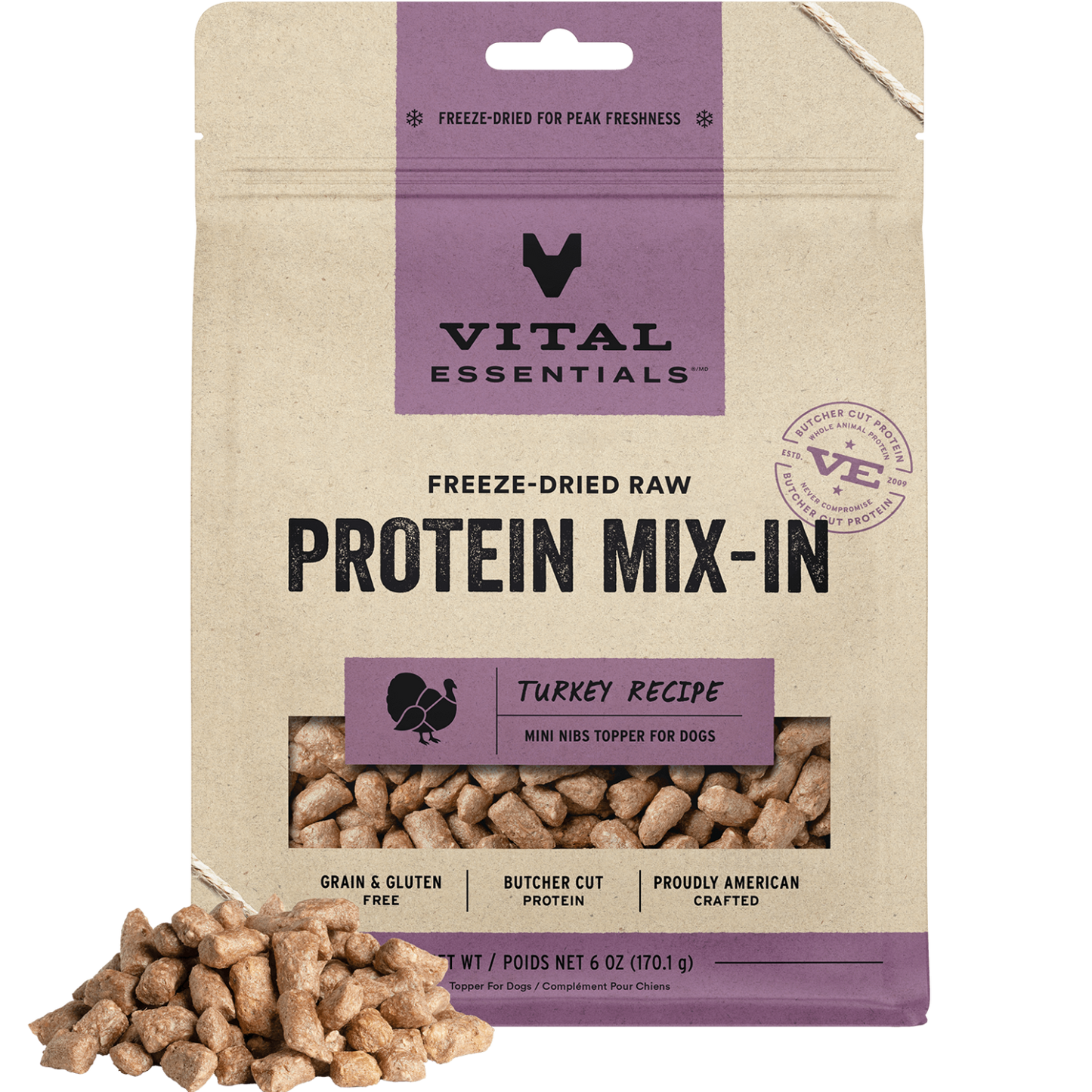 package front vital essentials®_freeze-dried raw protein mix-in_turkey_recipe_mini nibs_topper for dogs
