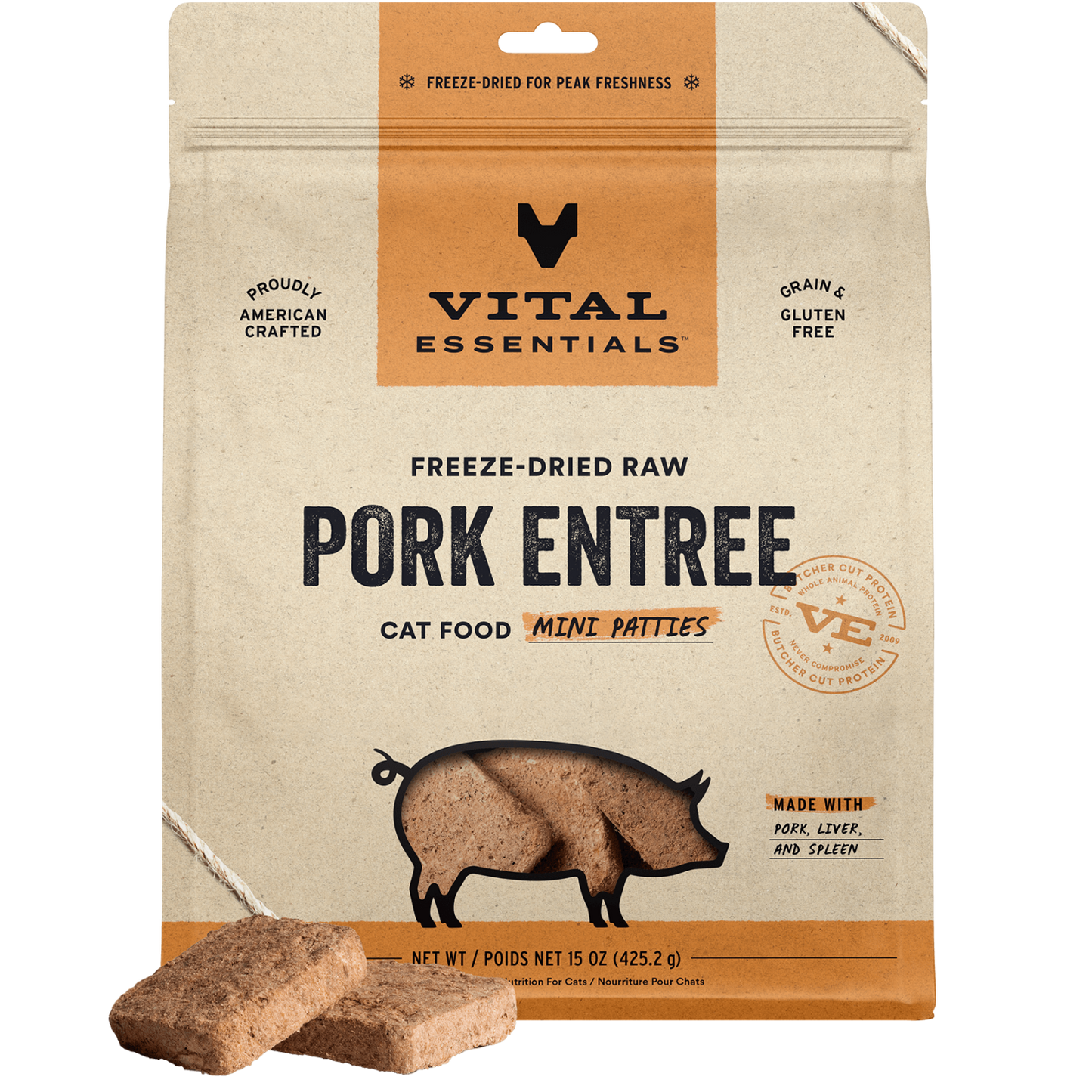 package front vital essentials®_freeze-dried raw_pork_entree_mini patties_cat food