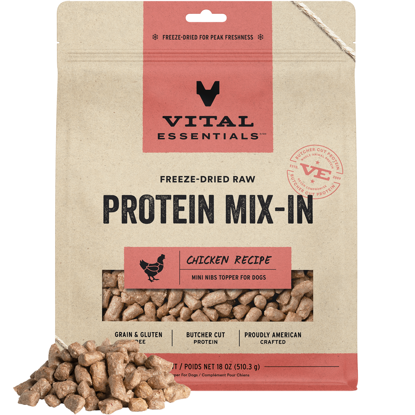 package front vital essentials®_freeze-dried raw protein mix-in_chicken_recipe_mini nibs_topper for dogs
