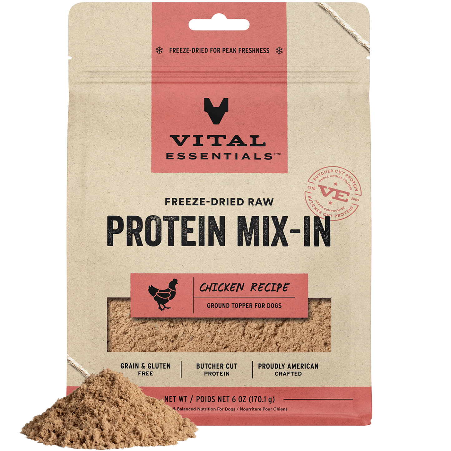 package front vital essentials®_freeze-dried raw protein mix-in_chicken_recipe_ground_topper for dogs