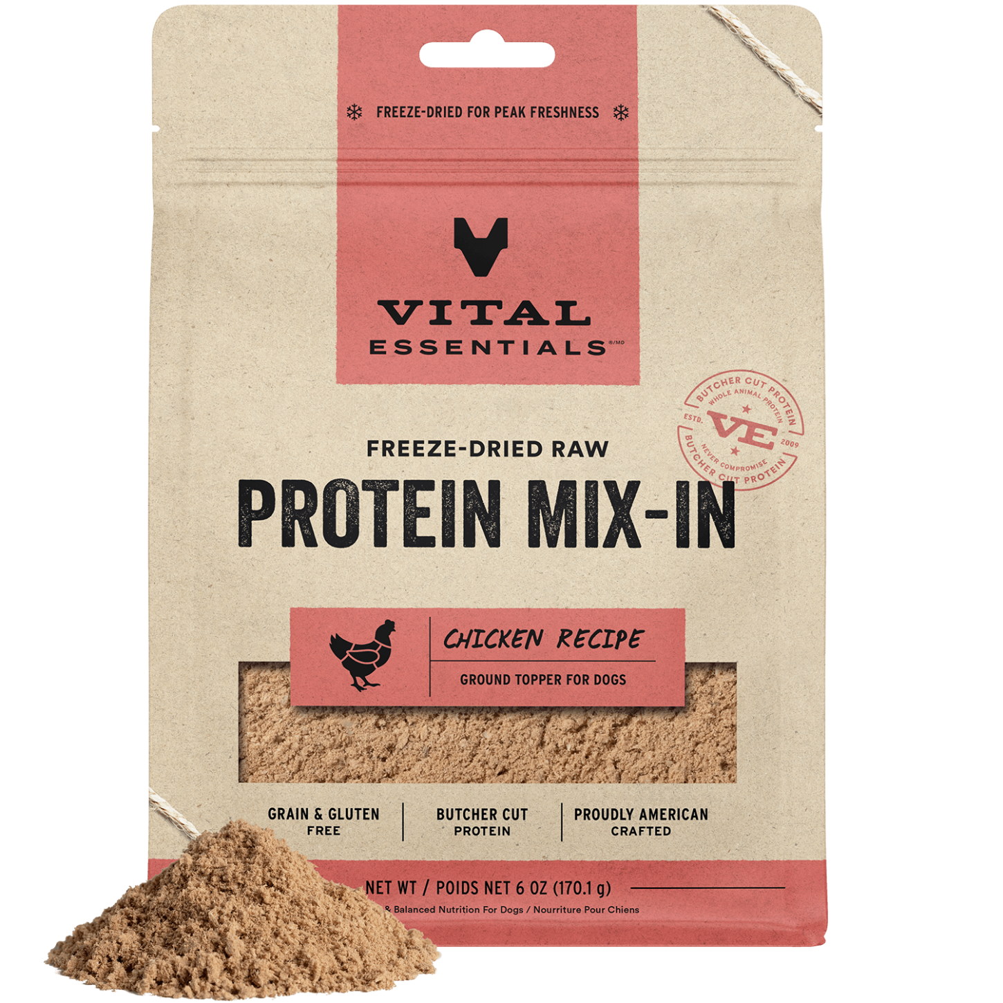 package front vital essentials®_freeze-dried raw protein mix-in_chicken_recipe_ground_topper for dogs