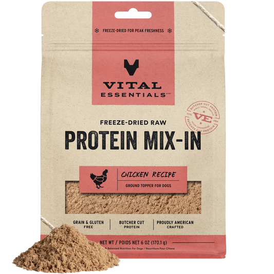 package front vital essentials®_freeze-dried raw protein mix-in_chicken_recipe_ground_topper for dogs