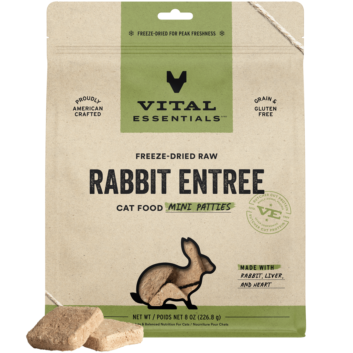 package front vital essentials®_freeze-dried raw_rabbit_entree_mini patties_cat food