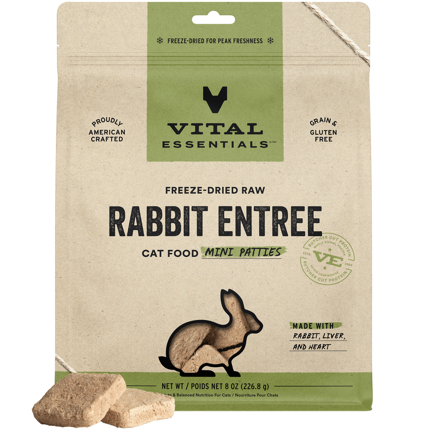 package front vital essentials®_freeze-dried raw_rabbit_entree_mini patties_cat food