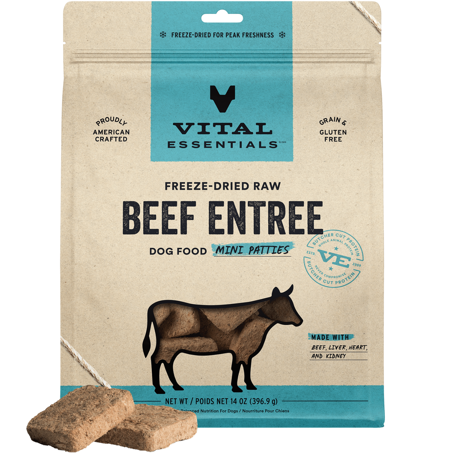 package front vital essentials®_freeze-dried raw_beef_entree_mini patties_dog food