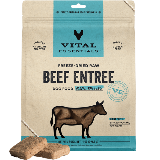 package front vital essentials®_freeze-dried raw_beef_entree_mini patties_dog food