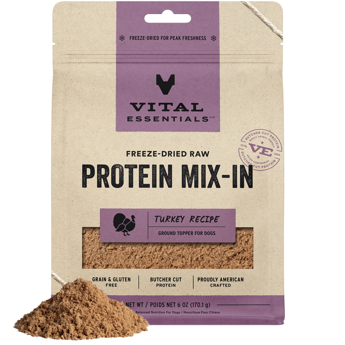 package front vital essentials®_freeze-dried raw protein mix-in_turkey_recipe_ground_topper for dogs