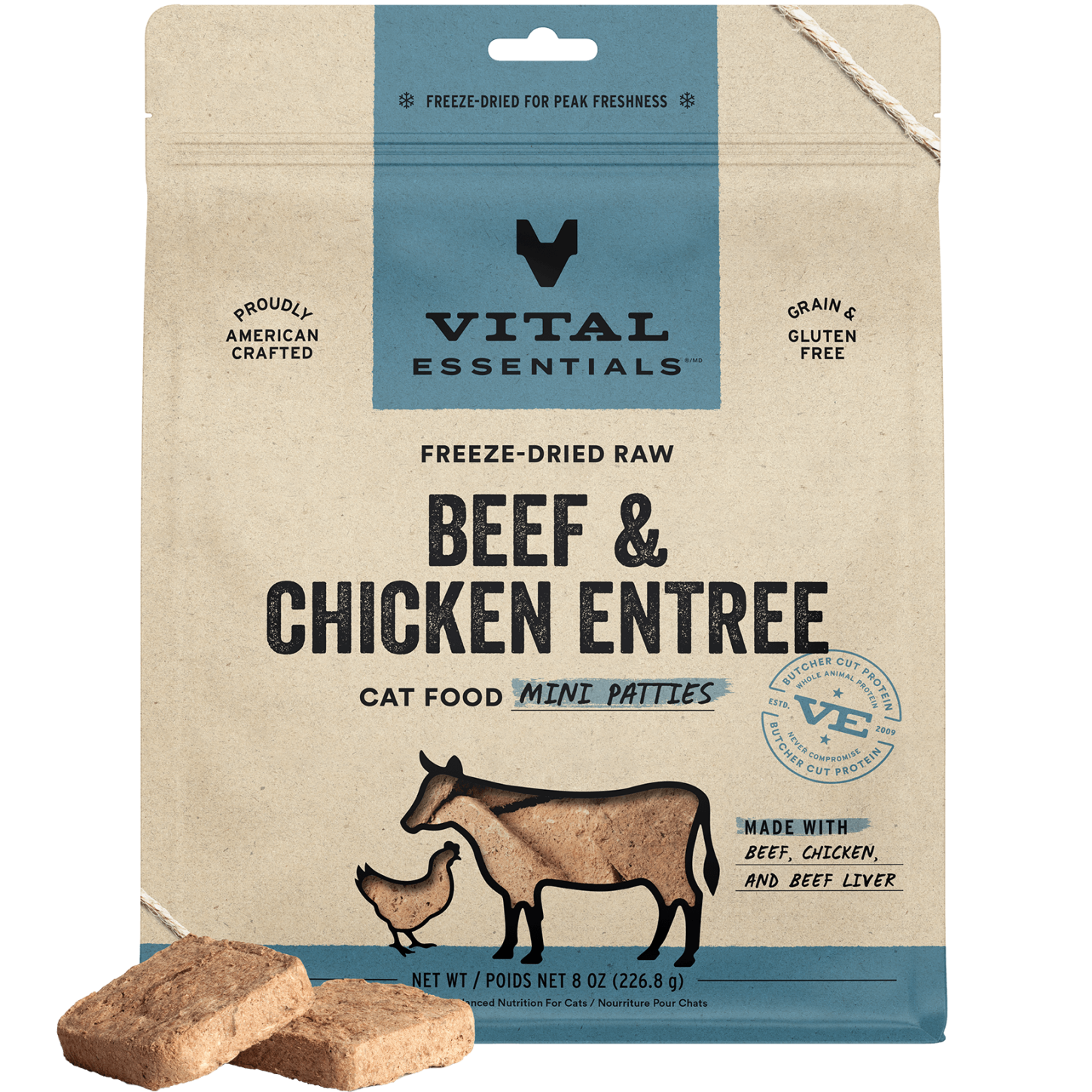 package front vital essentials®_freeze-dried raw_beef & chicken_entree_mini patties_cat food