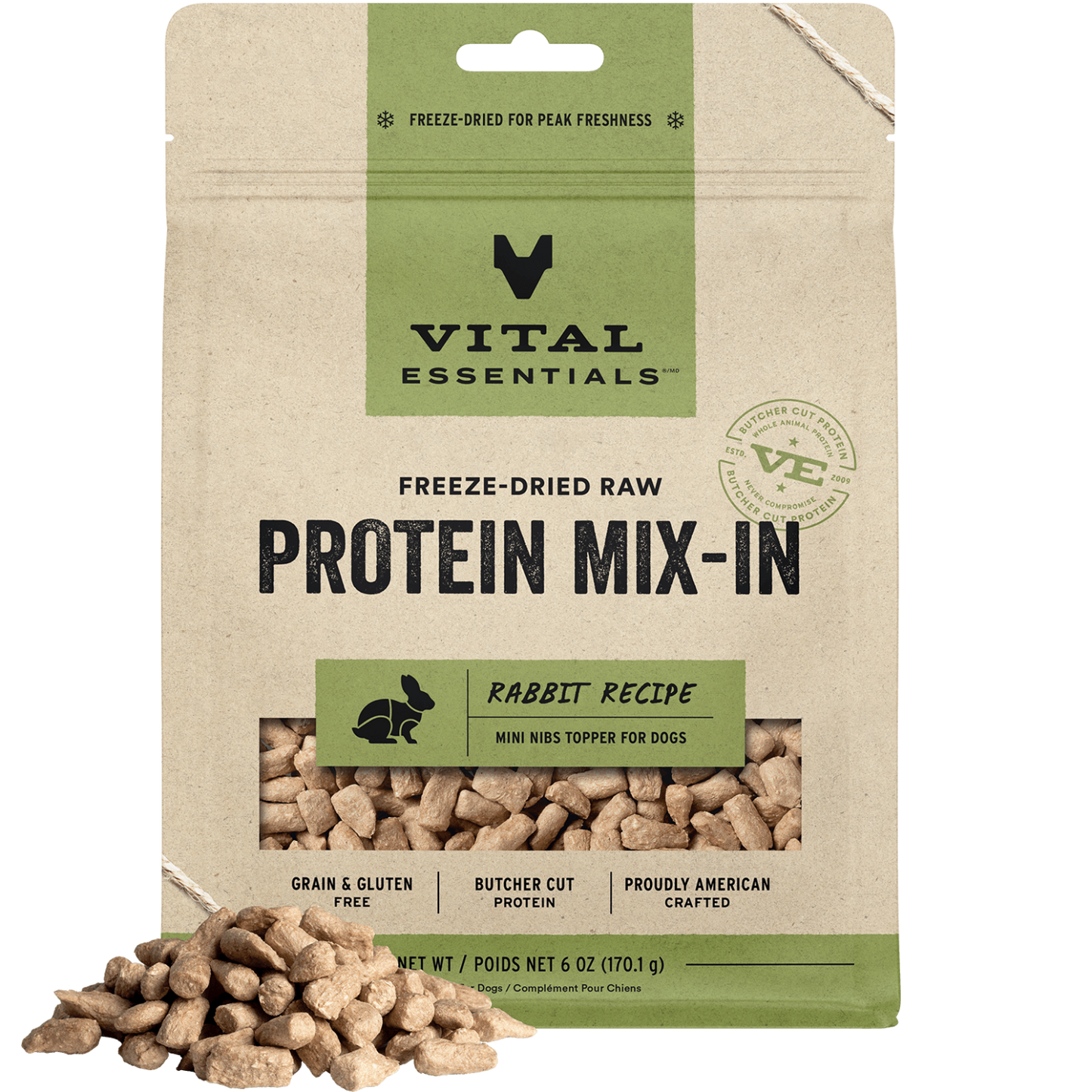 package front vital essentials®_freeze-dried raw protein mix-in_rabbit_recipe_mini nibs_topper for dogs