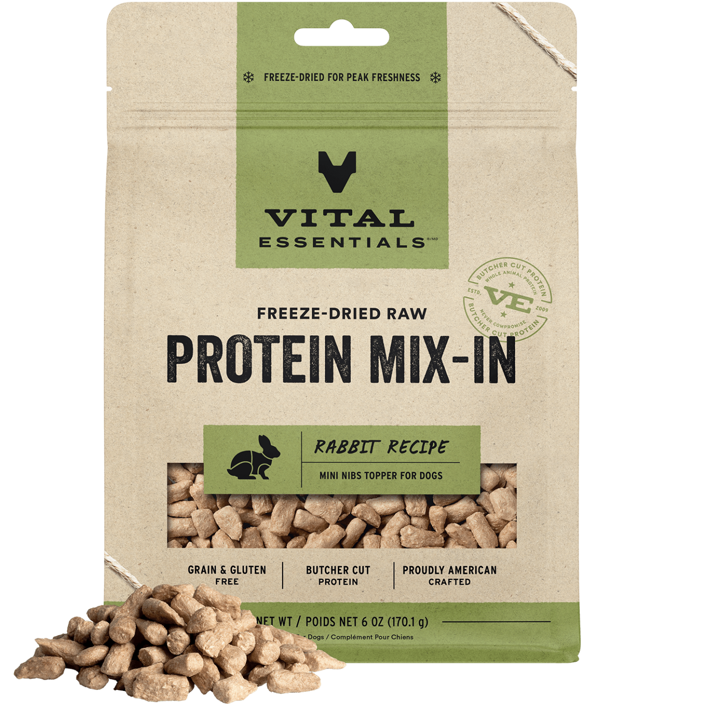 package front vital essentials®_freeze-dried raw protein mix-in_rabbit_recipe_mini nibs_topper for dogs
