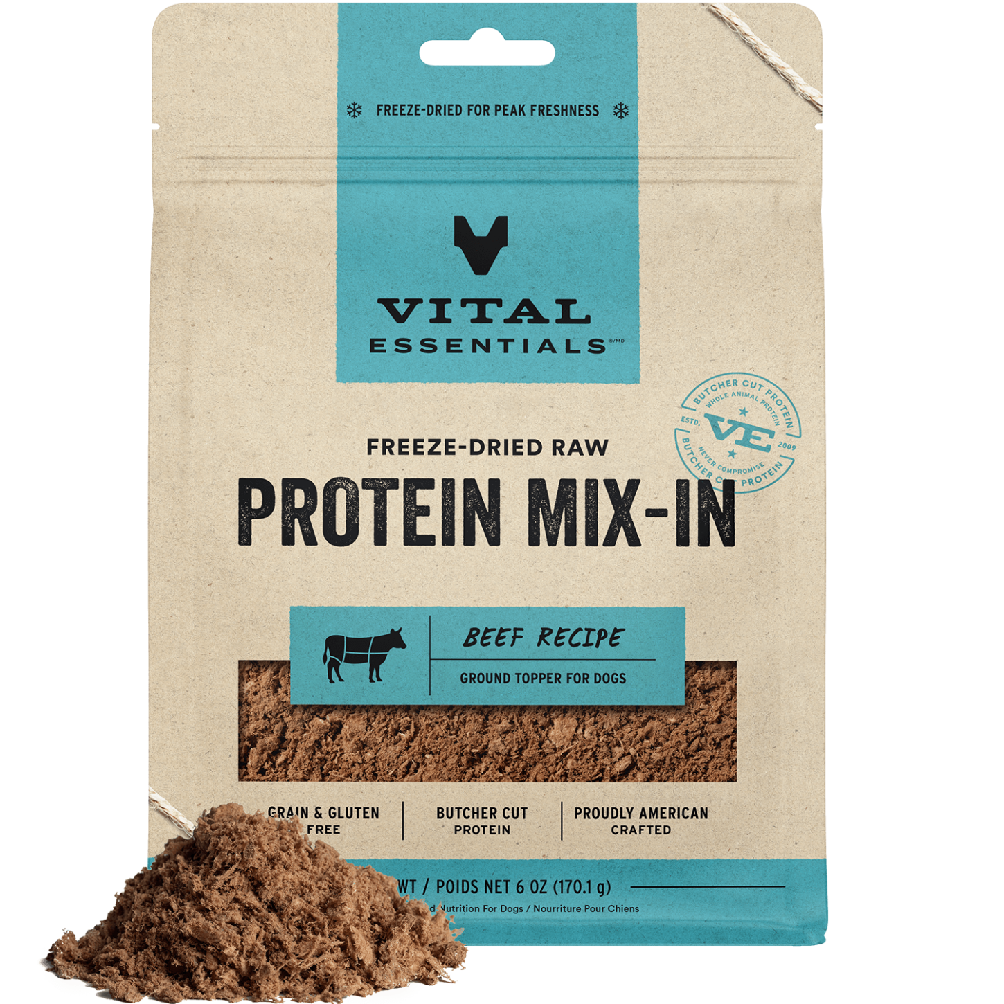package front vital essentials®_freeze-dried raw protein mix-in_beef_recipe_ground_topper for dogs