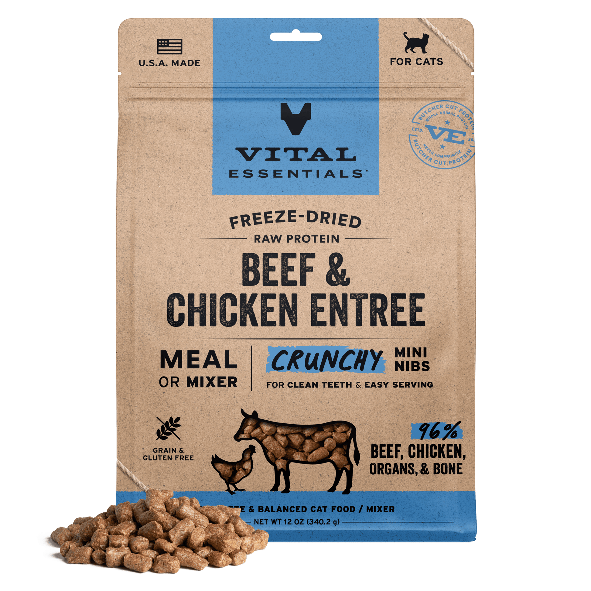 package front vital essentials®_freeze-dried raw_beef & chicken_entree_crunchy nibs_cat food