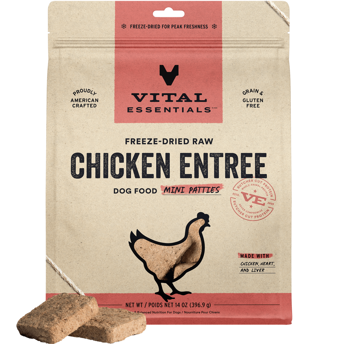 package front vital essentials®_freeze-dried raw_chicken_entree_mini patties_dog food
