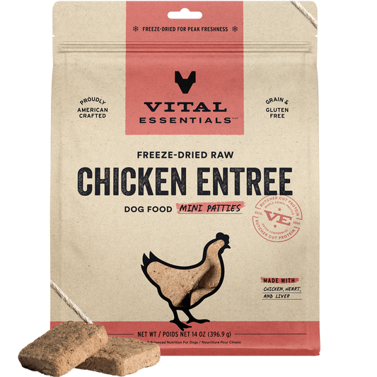 package front vital essentials®_freeze-dried raw_chicken_entree_mini patties_dog food