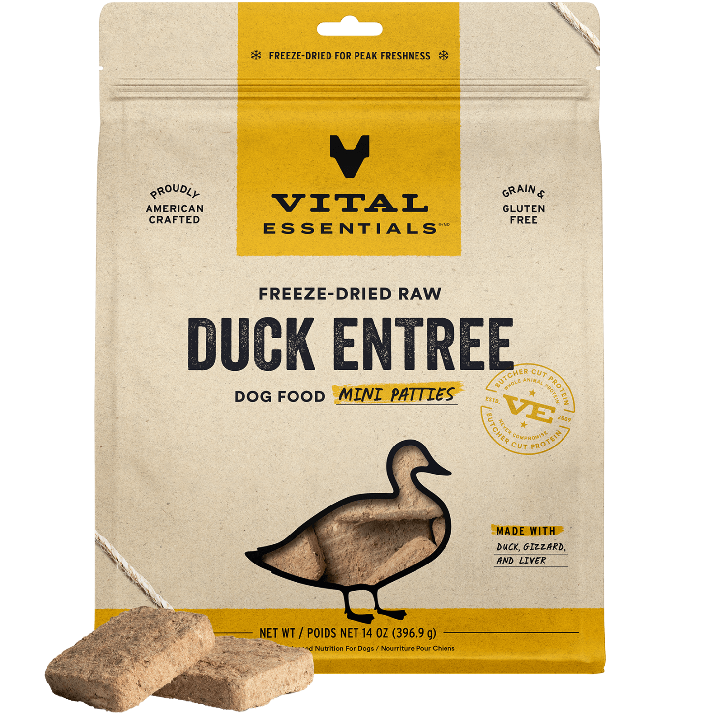 package front vital essentials®_freeze-dried raw_duck_entree_mini patties_dog food